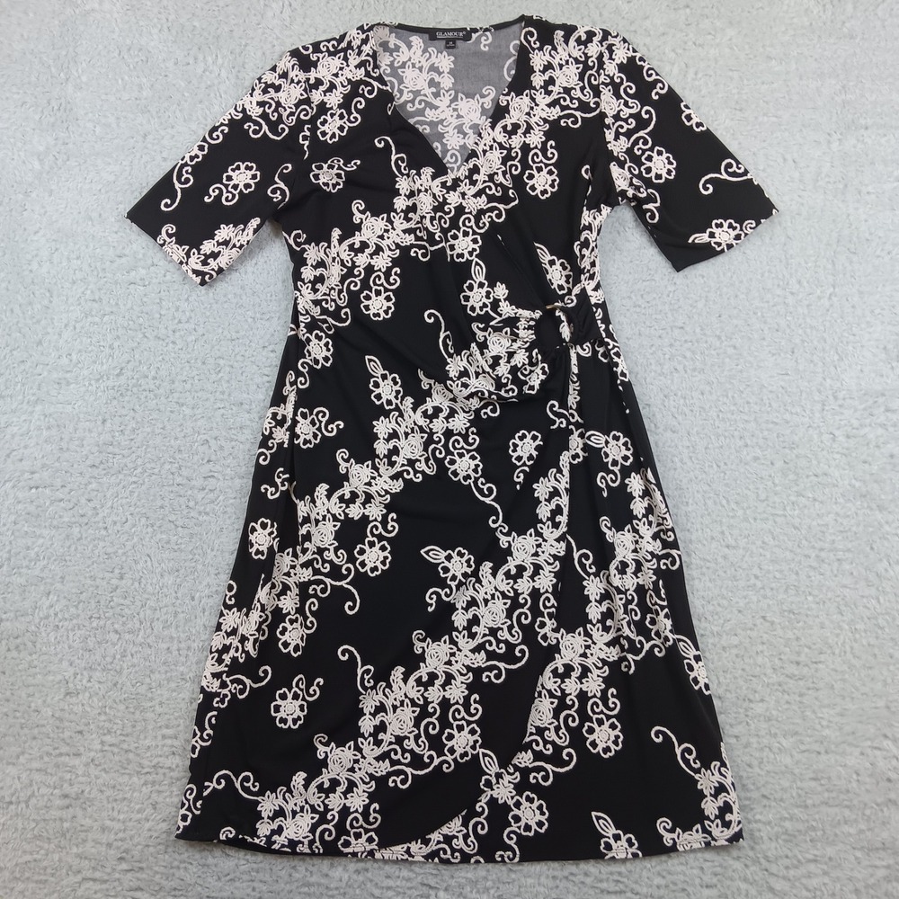 Glamour Faux Wrap Dress Women 14 Black White Floral O-Ring Short Sleeve RN88644